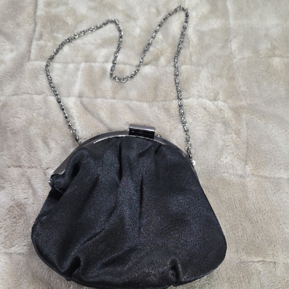 Bijoux Terner Evening Bag Purse Black Satiny Snap Lock Chain Strap Classic EUC